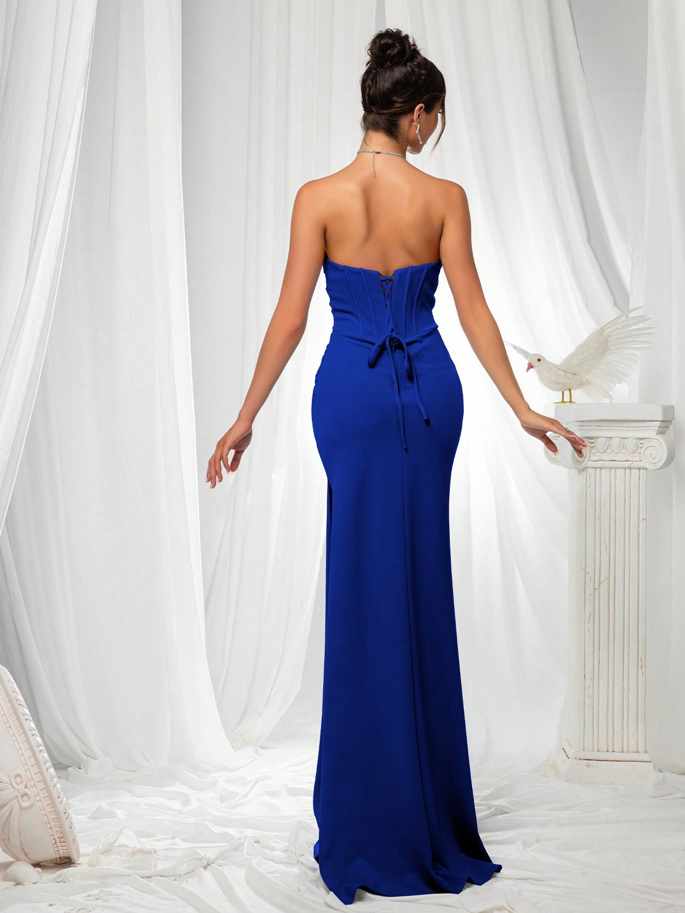 Elegant Strapless High Slit Solid Color Ruched Lace-Up Back Formal Bodycon Evening Gown-Free Shipping