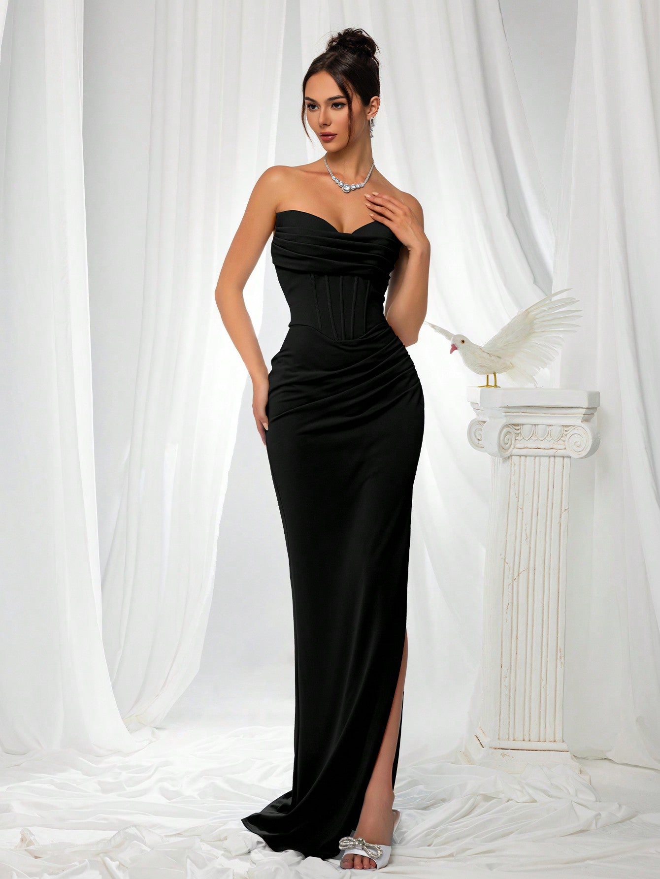 Elegant Strapless High Slit Solid Color Ruched Lace-Up Back Formal Bodycon Evening Gown-Free Shipping