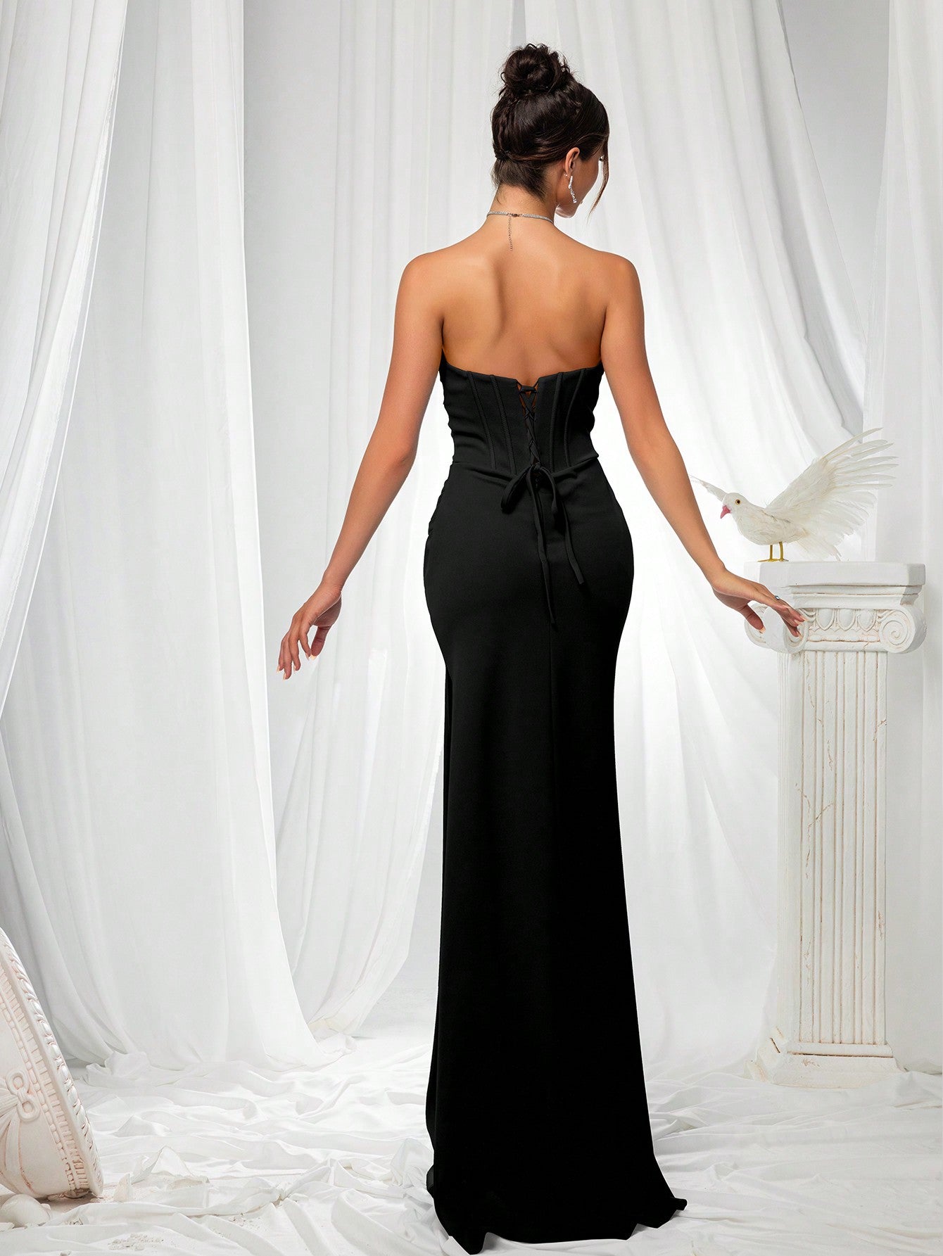 Elegant Strapless High Slit Solid Color Ruched Lace-Up Back Formal Bodycon Evening Gown-Free Shipping