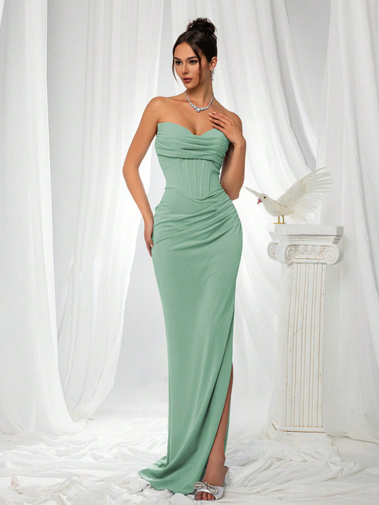 Elegant Strapless High Slit Solid Color Ruched Lace-Up Back Formal Bodycon Evening Gown-Free Shipping