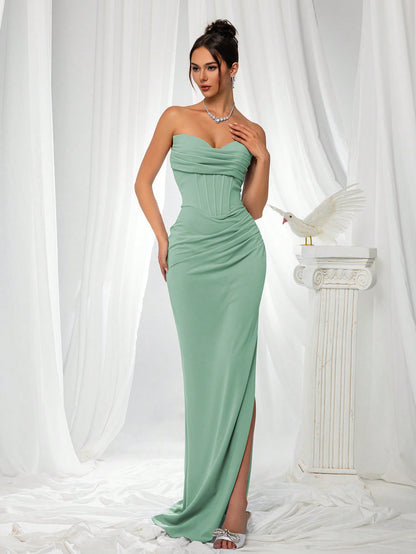 Elegant Strapless High Slit Solid Color Ruched Lace-Up Back Formal Bodycon Evening Gown-Free Shipping