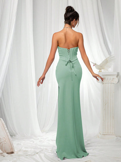 Elegant Strapless High Slit Solid Color Ruched Lace-Up Back Formal Bodycon Evening Gown-Free Shipping