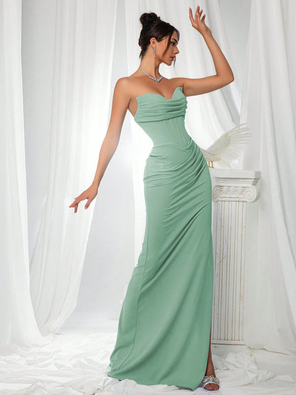 Elegant Strapless High Slit Solid Color Ruched Lace-Up Back Formal Bodycon Evening Gown-Free Shipping