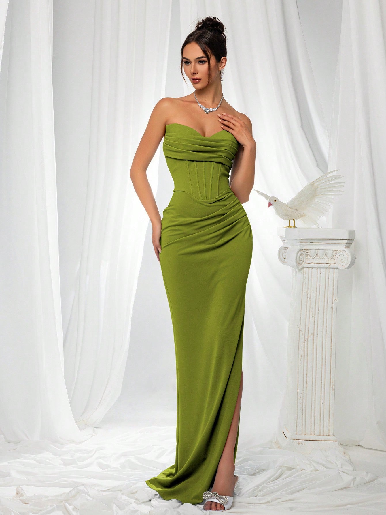 Elegant Strapless High Slit Solid Color Ruched Lace-Up Back Formal Bodycon Evening Gown-Free Shipping