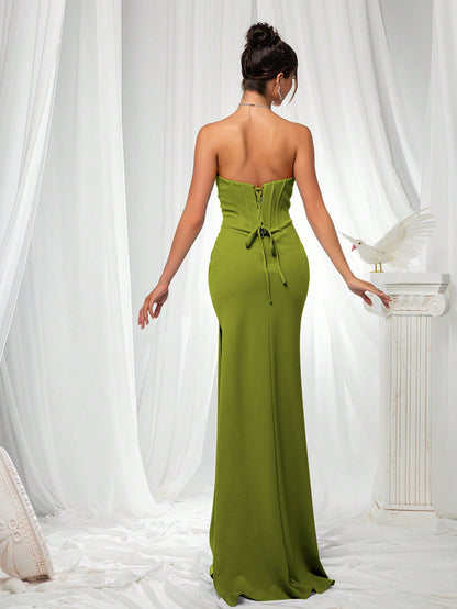 Elegant Strapless High Slit Solid Color Ruched Lace-Up Back Formal Bodycon Evening Gown-Free Shipping