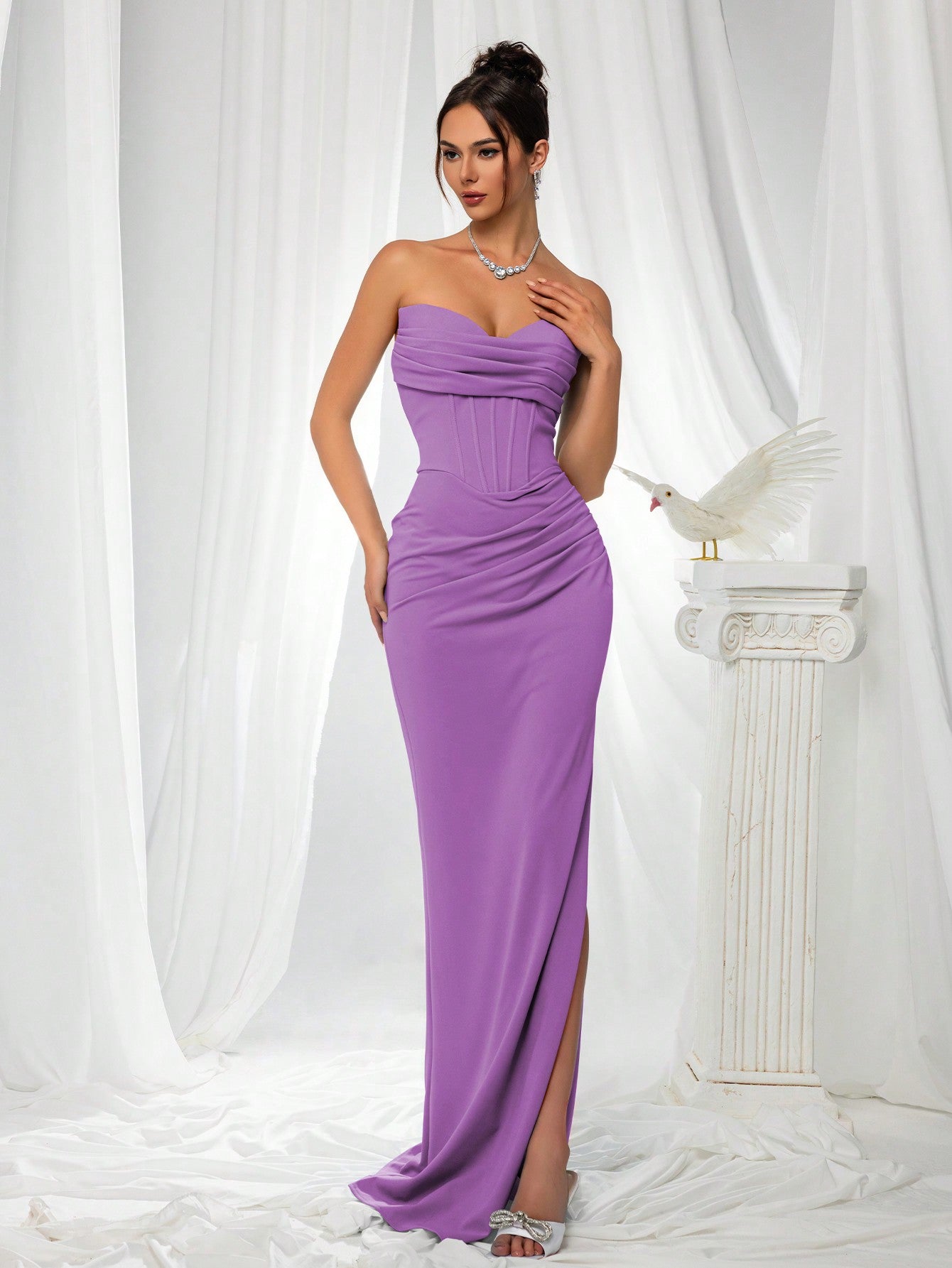 Elegant Strapless High Slit Solid Color Ruched Lace-Up Back Formal Bodycon Evening Gown-Free Shipping