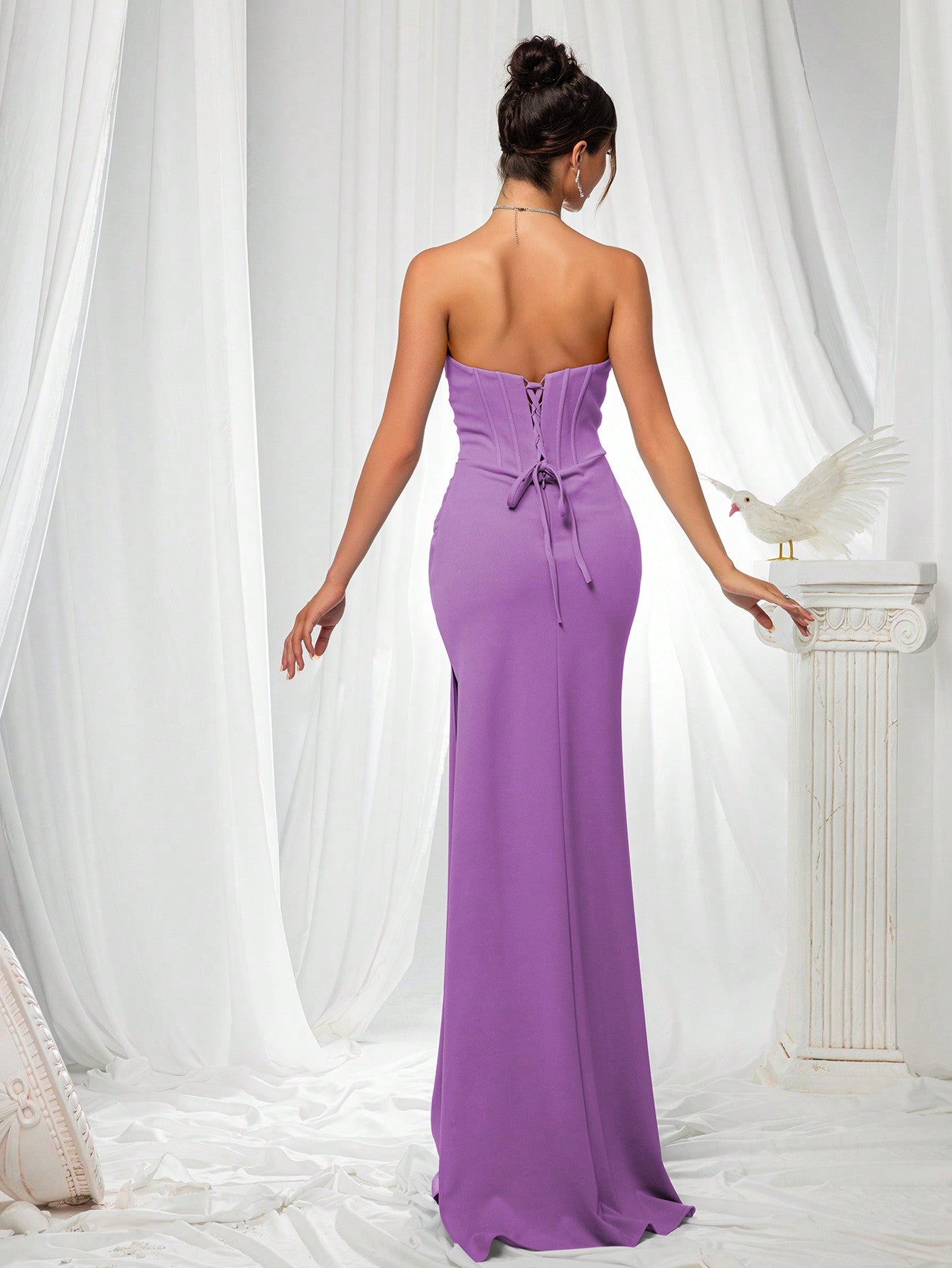 Elegant Strapless High Slit Solid Color Ruched Lace-Up Back Formal Bodycon Evening Gown-Free Shipping