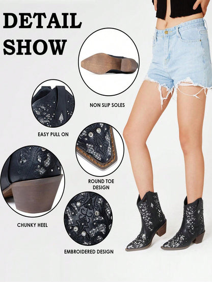 Rhinestone Women's Ankle Cowboy Boots – Sparkly Pointed Toe Low Heel Vintage Short Cowgirl Shoes-Free Shipping