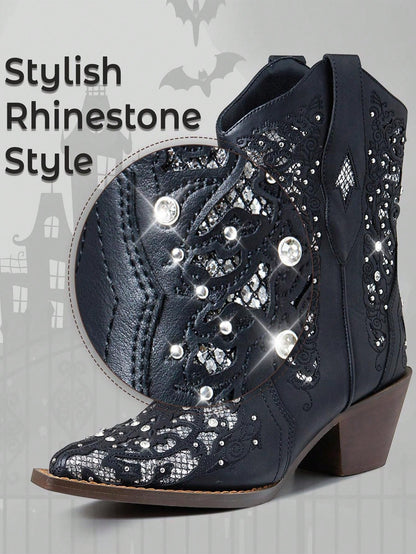 Rhinestone Women's Ankle Cowboy Boots – Sparkly Pointed Toe Low Heel Vintage Short Cowgirl Shoes-Free Shipping