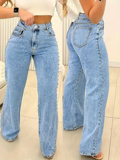 Chic Studded Denim Straight Leg Zipper Fly Jeans for Effortless Style-Free Shipping