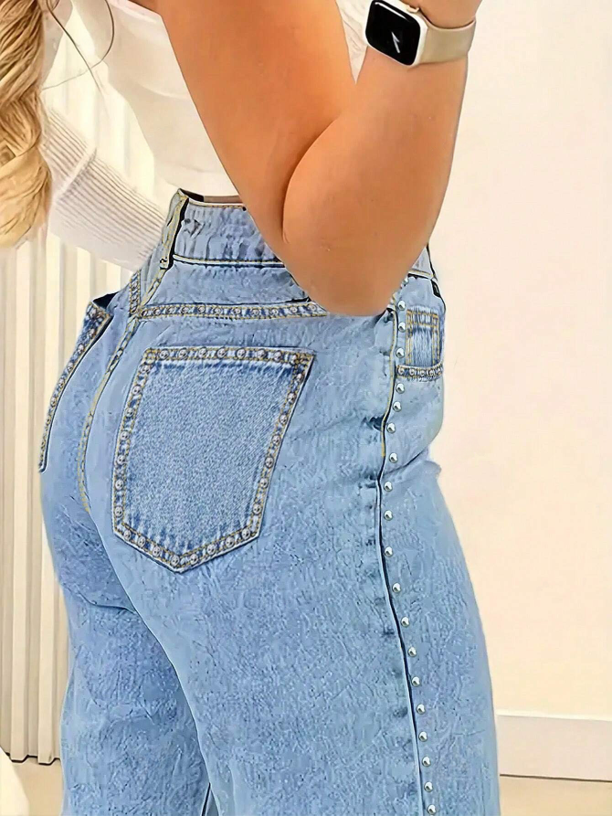 Chic Studded Denim Straight Leg Zipper Fly Jeans for Effortless Style-Free Shipping