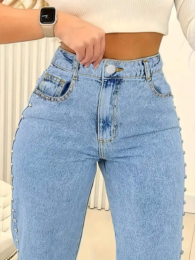 Chic Studded Denim Straight Leg Zipper Fly Jeans for Effortless Style-Free Shipping