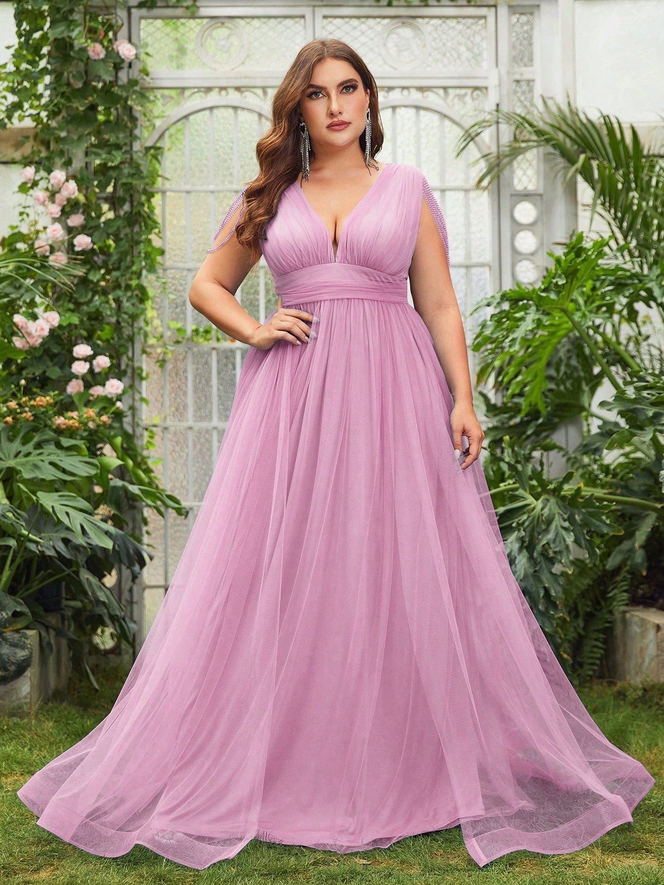 Elegant Plus Size Flowy Plunging Neckline Tulle Full Length Maxi Dress-Free Shipping