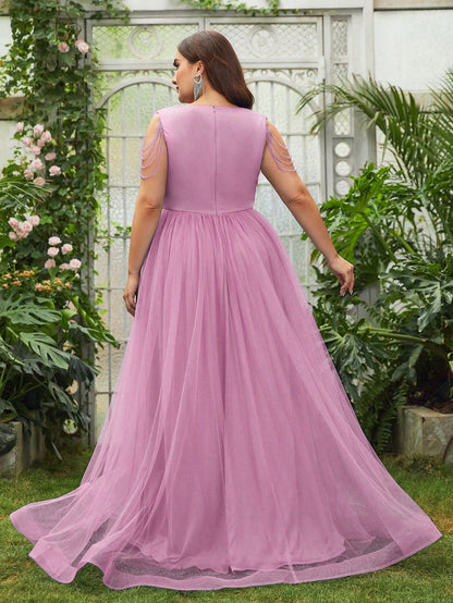 Elegant Plus Size Flowy Plunging Neckline Tulle Full Length Maxi Dress-Free Shipping