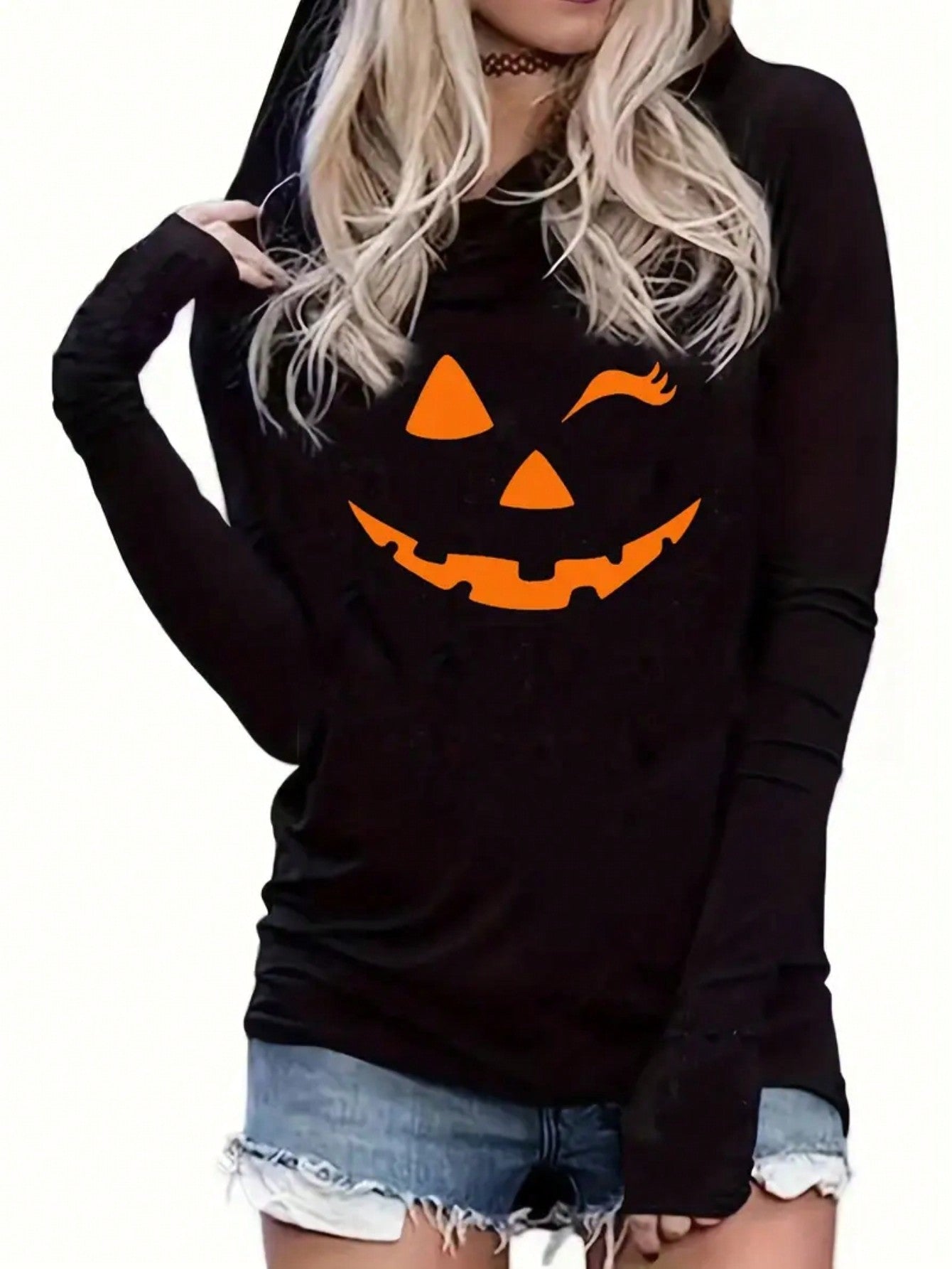 halloween print hooded long sleeve sweatshirt