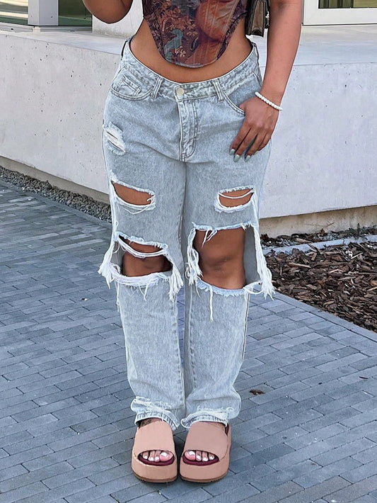 Fashionable Women’s Ripped Straight Leg Jeans - Distressed Denim Pants-Free Shipping