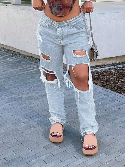 Fashionable Women’s Ripped Straight Leg Jeans - Distressed Denim Pants-Free Shipping