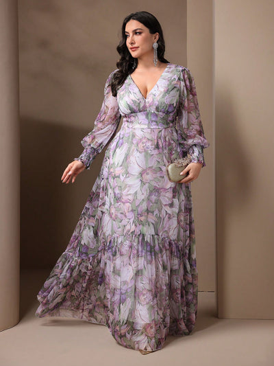 Elegant Floral Plus Size Maxi Dress - Deep V-Neck Lantern Sleeve Ruffle Hem-Free Shipping