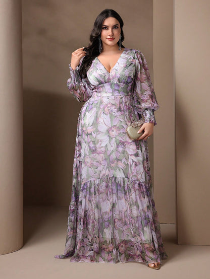 Elegant Floral Plus Size Maxi Dress - Deep V-Neck Lantern Sleeve Ruffle Hem-Free Shipping