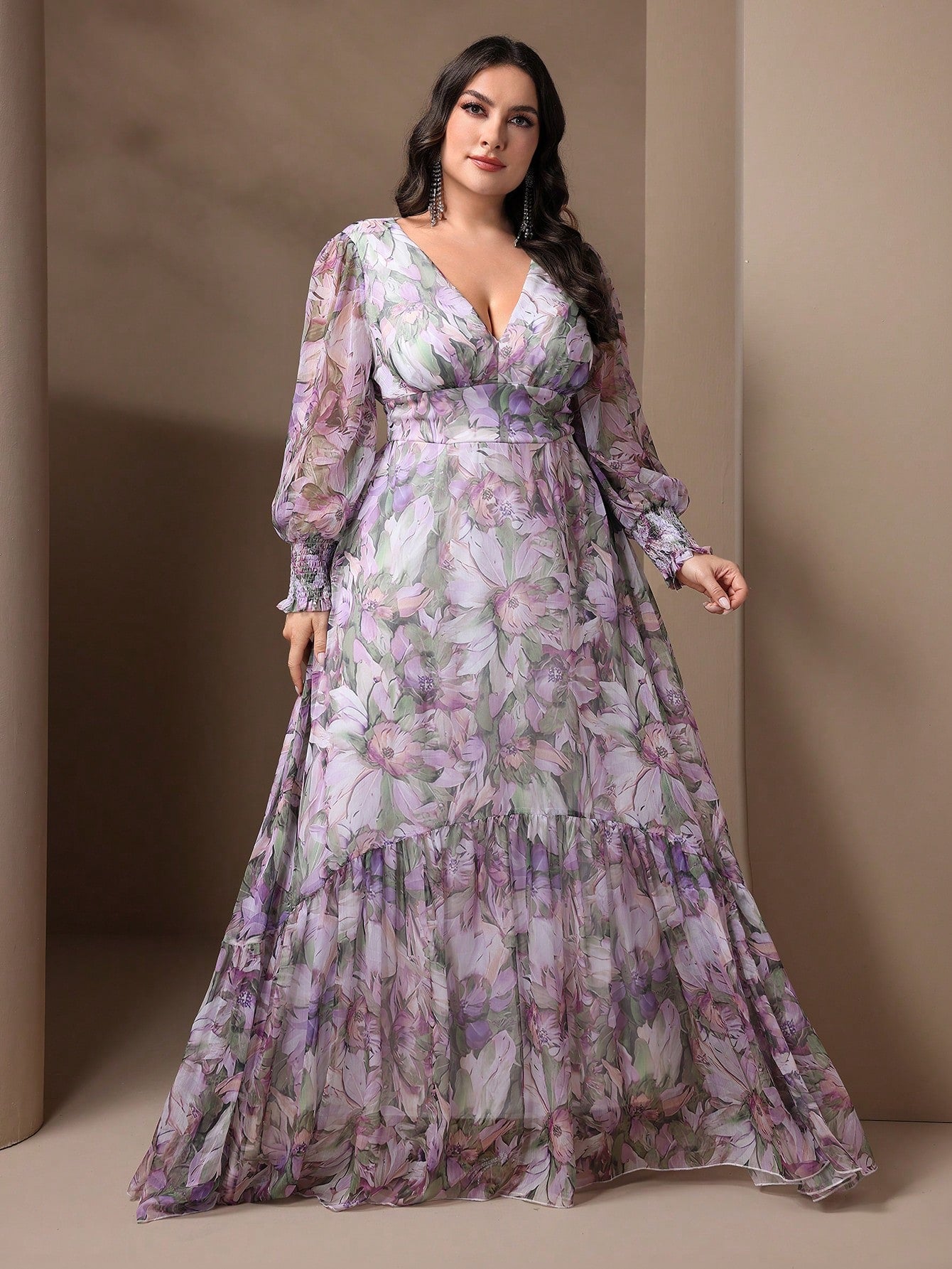 Elegant Floral Plus Size Maxi Dress - Deep V-Neck Lantern Sleeve Ruffle Hem-Free Shipping