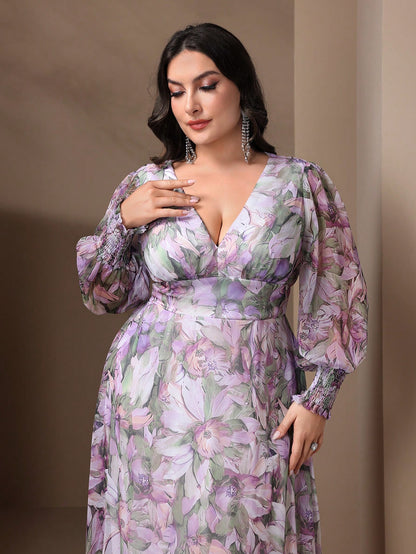 Elegant Floral Plus Size Maxi Dress - Deep V-Neck Lantern Sleeve Ruffle Hem-Free Shipping