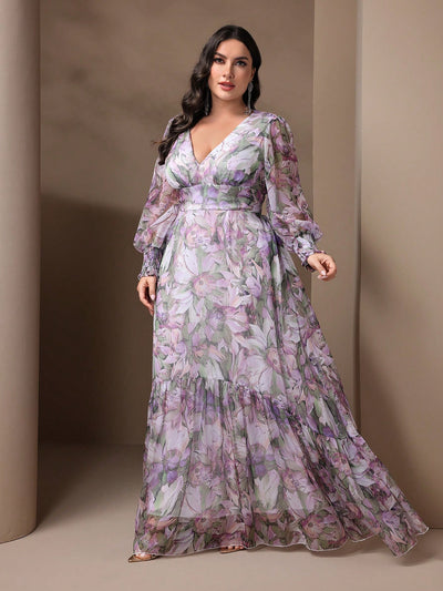 Elegant Floral Plus Size Maxi Dress - Deep V-Neck Lantern Sleeve Ruffle Hem-Free Shipping