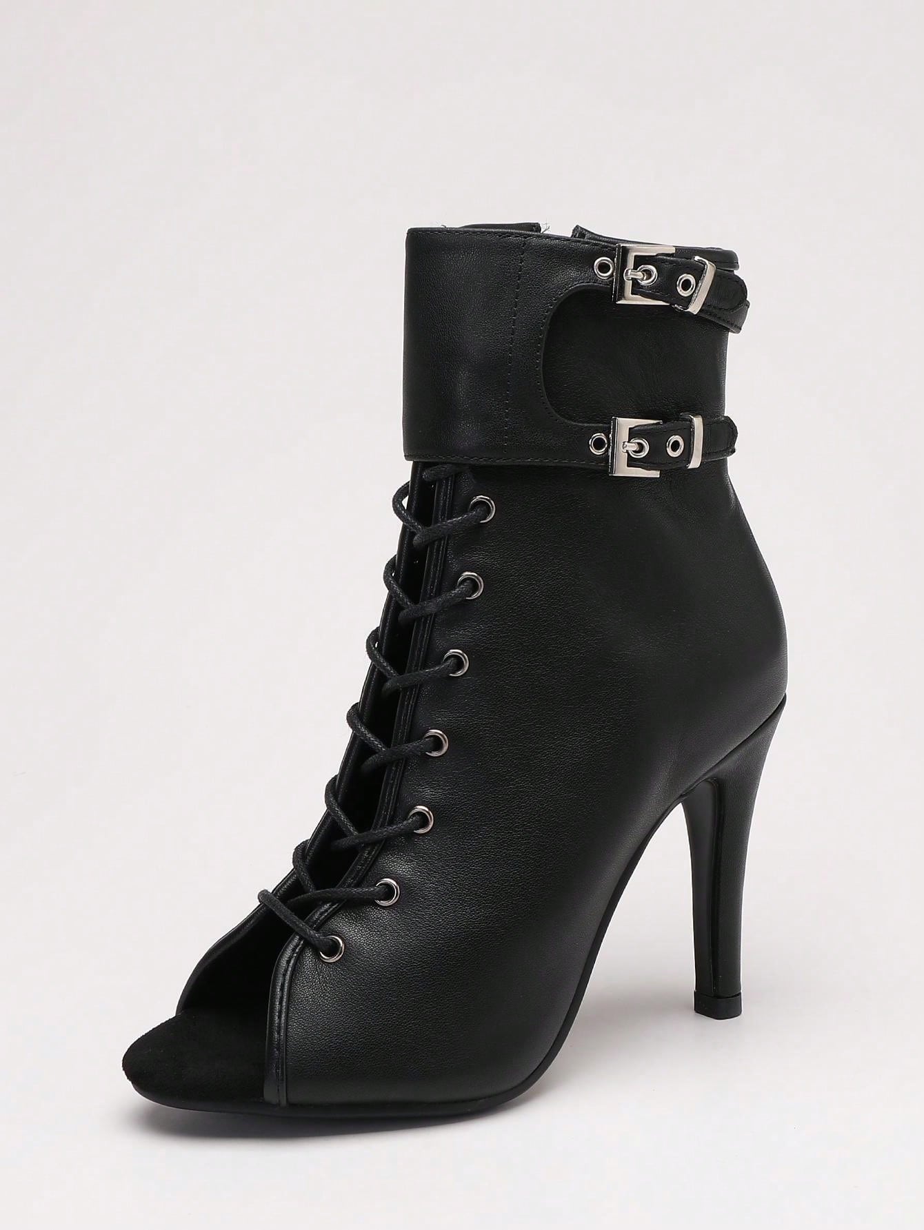 Sexy Stylish Black Peep Toe High-Heeled Lace Up Buckle Detail Boots Shoes-Free Shipping