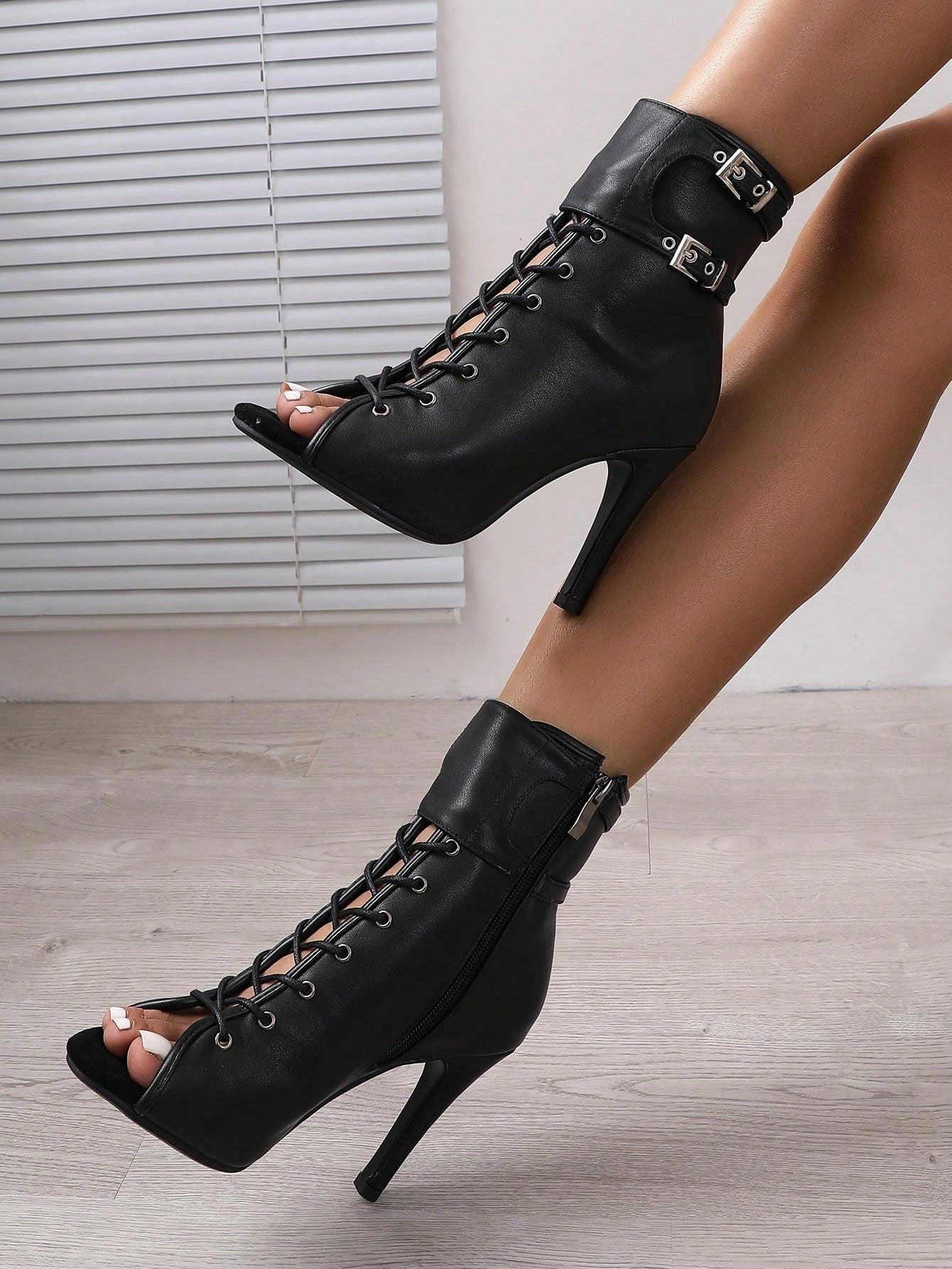 Sexy Stylish Black Peep Toe High-Heeled Lace Up Buckle Detail Boots Shoes-Free Shipping