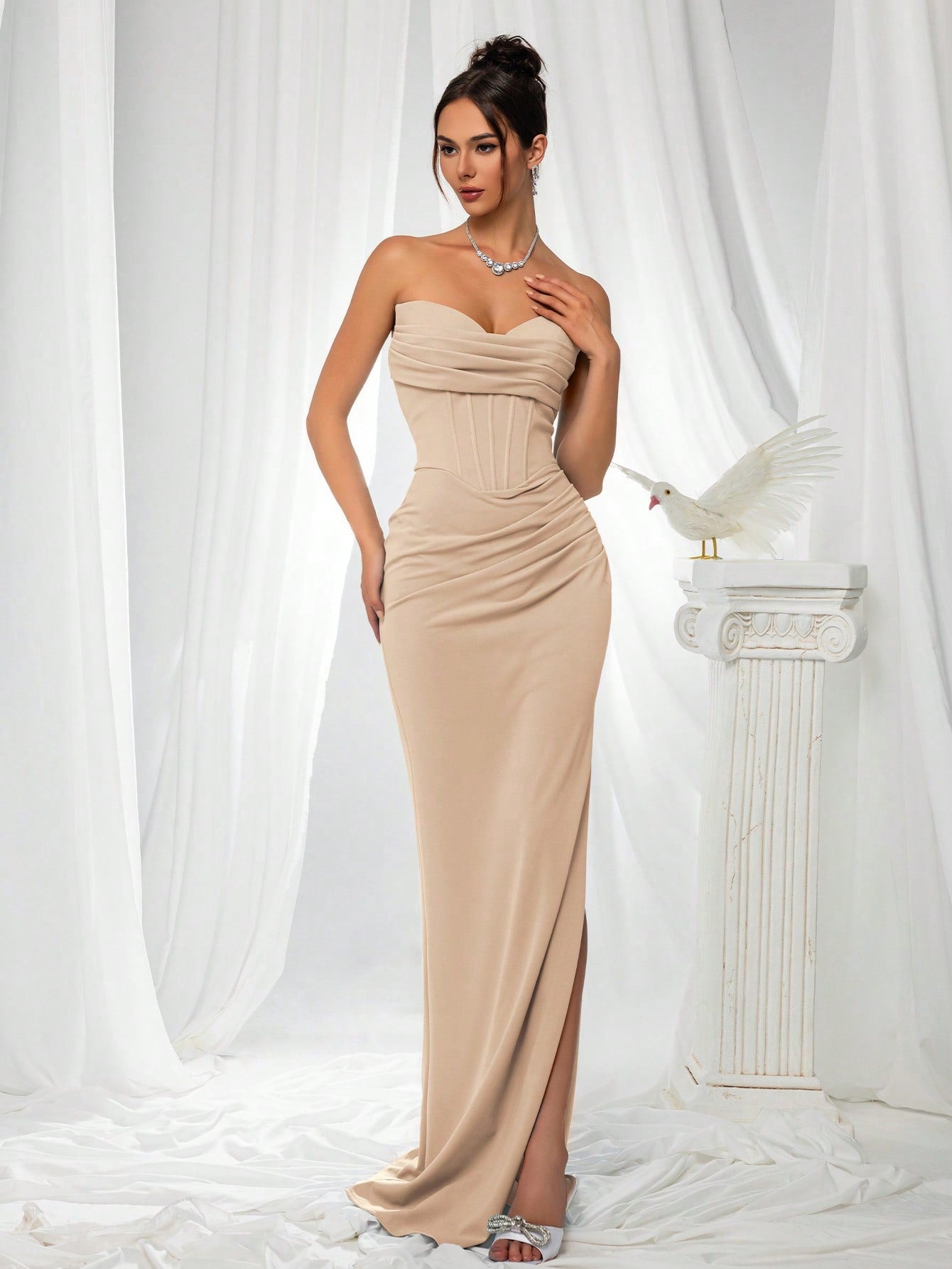 Elegant Strapless High Slit Solid Color Ruched Lace-Up Back Formal Bodycon Evening Gown-Free Shipping