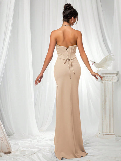 Elegant Strapless High Slit Solid Color Ruched Lace-Up Back Formal Bodycon Evening Gown-Free Shipping