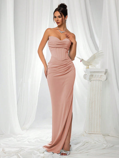 Elegant Strapless High Slit Solid Color Ruched Lace-Up Back Formal Bodycon Evening Gown-Free Shipping