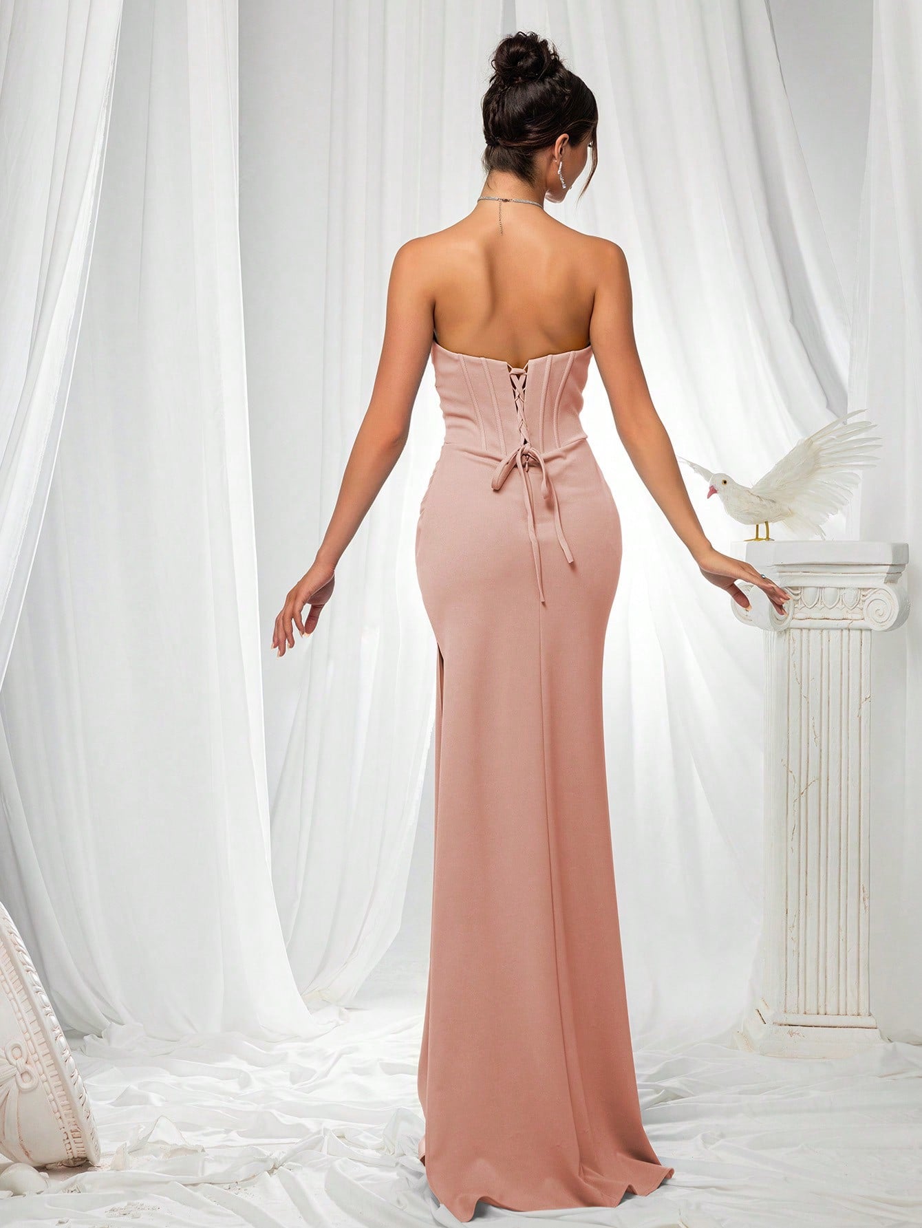 Elegant Strapless High Slit Solid Color Ruched Lace-Up Back Formal Bodycon Evening Gown-Free Shipping