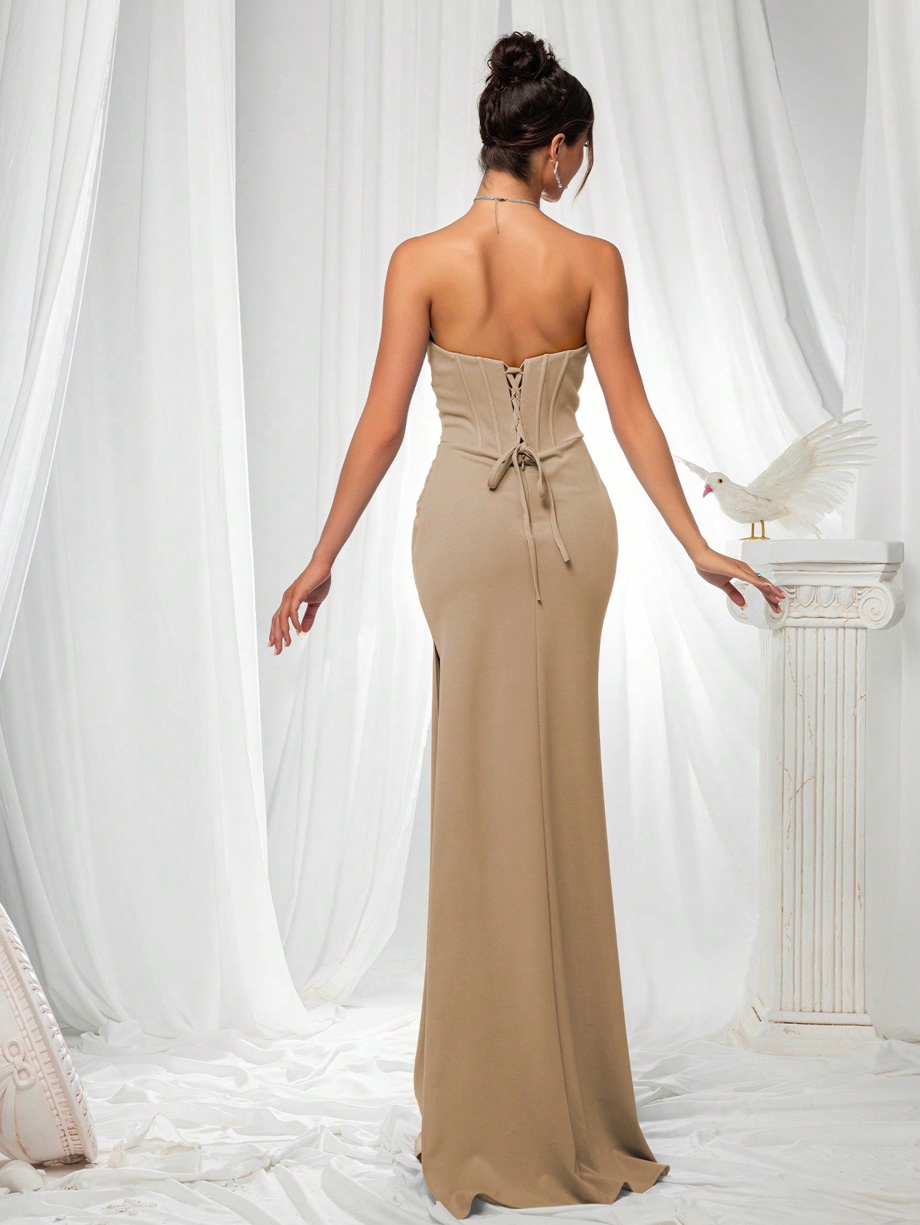 Elegant Strapless High Slit Solid Color Ruched Lace-Up Back Formal Bodycon Evening Gown-Free Shipping