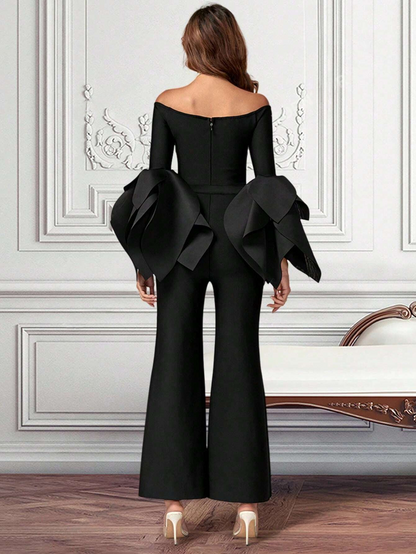 Stunning Off Shoulder Flounce Sleeve Bodycon Bandage Jumpsuit - Free Shipping