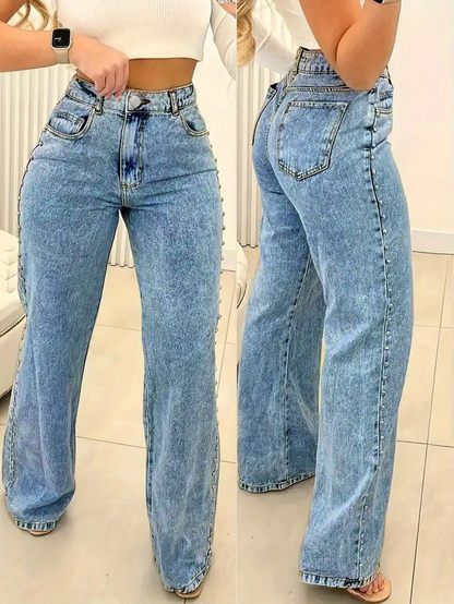 Chic Studded Denim Straight Leg Zipper Fly Jeans for Effortless Style-Free Shipping