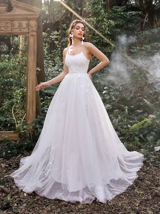 chapel train wedding dress with lace up back