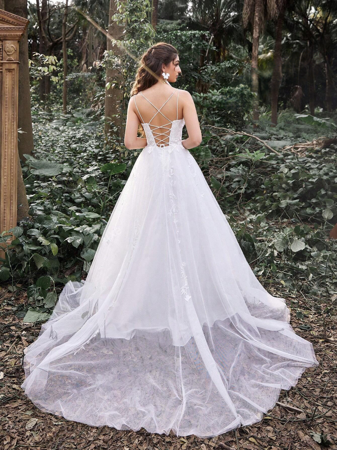 chapel train wedding dress with lace up back