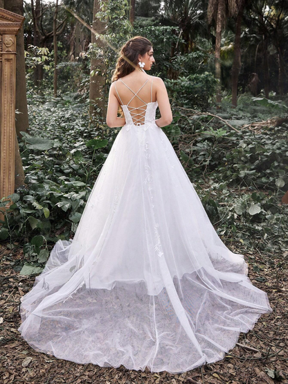 chapel train wedding dress with lace up back