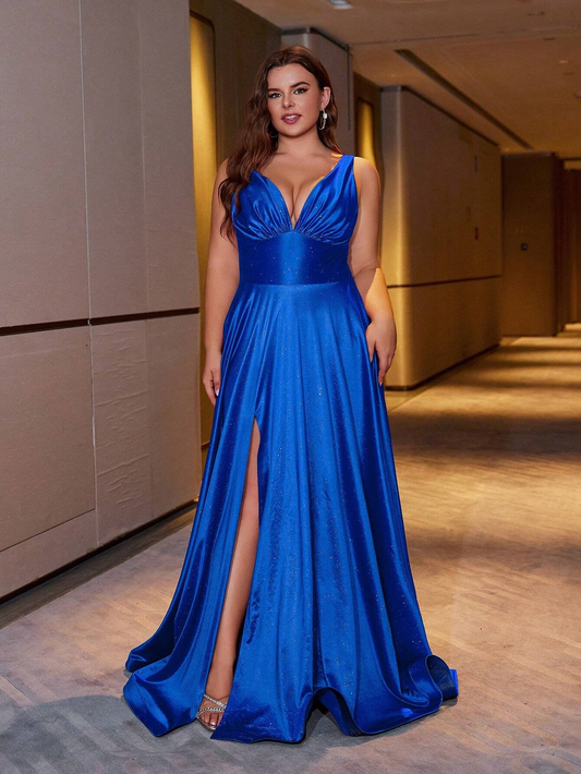 Elegant Blue Plus Size Pleated Glitter Sleeveless Long Gown Dress Sleeveless Gown-Free Shipping