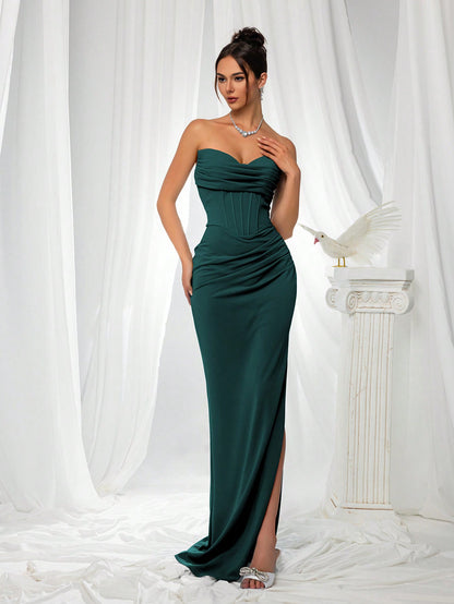 Elegant Strapless High Slit Solid Color Ruched Lace-Up Back Formal Bodycon Evening Gown-Free Shipping