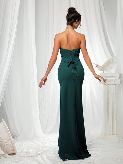 Elegant Strapless High Slit Solid Color Ruched Lace-Up Back Formal Bodycon Evening Gown-Free Shipping