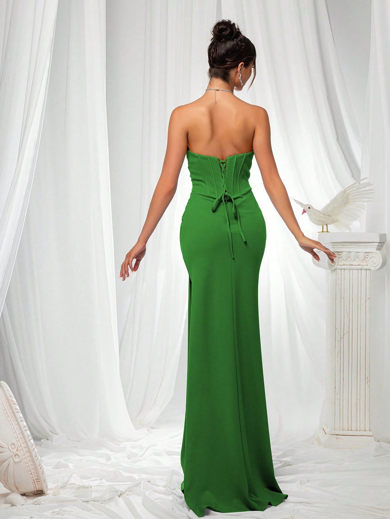 Elegant Strapless High Slit Solid Color Ruched Lace-Up Back Formal Bodycon Evening Gown-Free Shipping