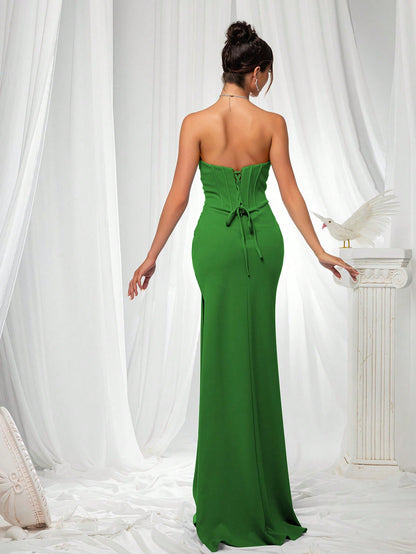 Elegant Strapless High Slit Solid Color Ruched Lace-Up Back Formal Bodycon Evening Gown-Free Shipping