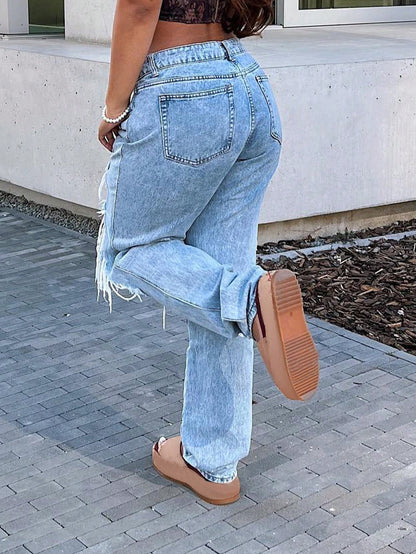 Fashionable Women’s Ripped Straight Leg Jeans - Distressed Denim Pants-Free Shipping