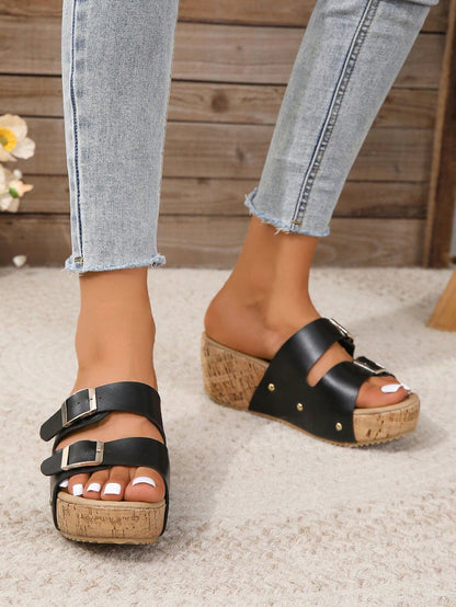 Stylish Women's Slip-On Platform  Heel Wedge Sandals with Double Buckle- Free Shipping