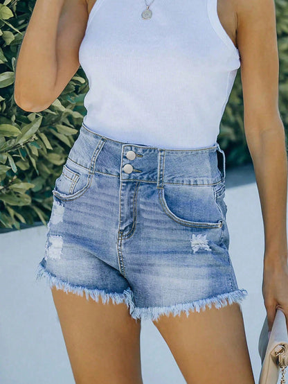 Trendy High Waisted Denim Shorts - Frayed Hem with Buttons and Ripped Details-Free Shipping