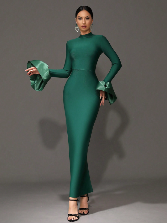 Elegant Deep Green Bell Sleeves Stand Collar Bodycon Long Dress - Free Shipping