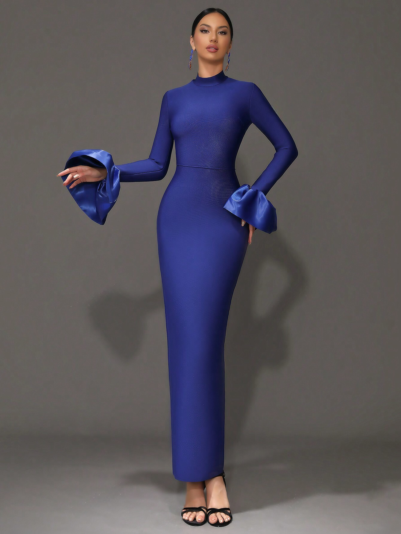 Elegant Blue Mermaid Bodycon Bell Sleeves Stand Collar Long Dress - Free Shipping