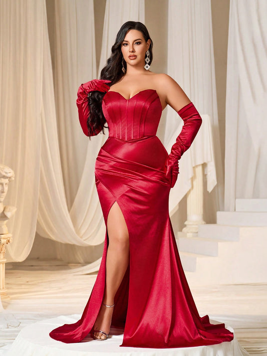 Glamorous Red Plus Size Satin Ruched Strapless  Long Maxi Dress with Gloves-Free Shipping