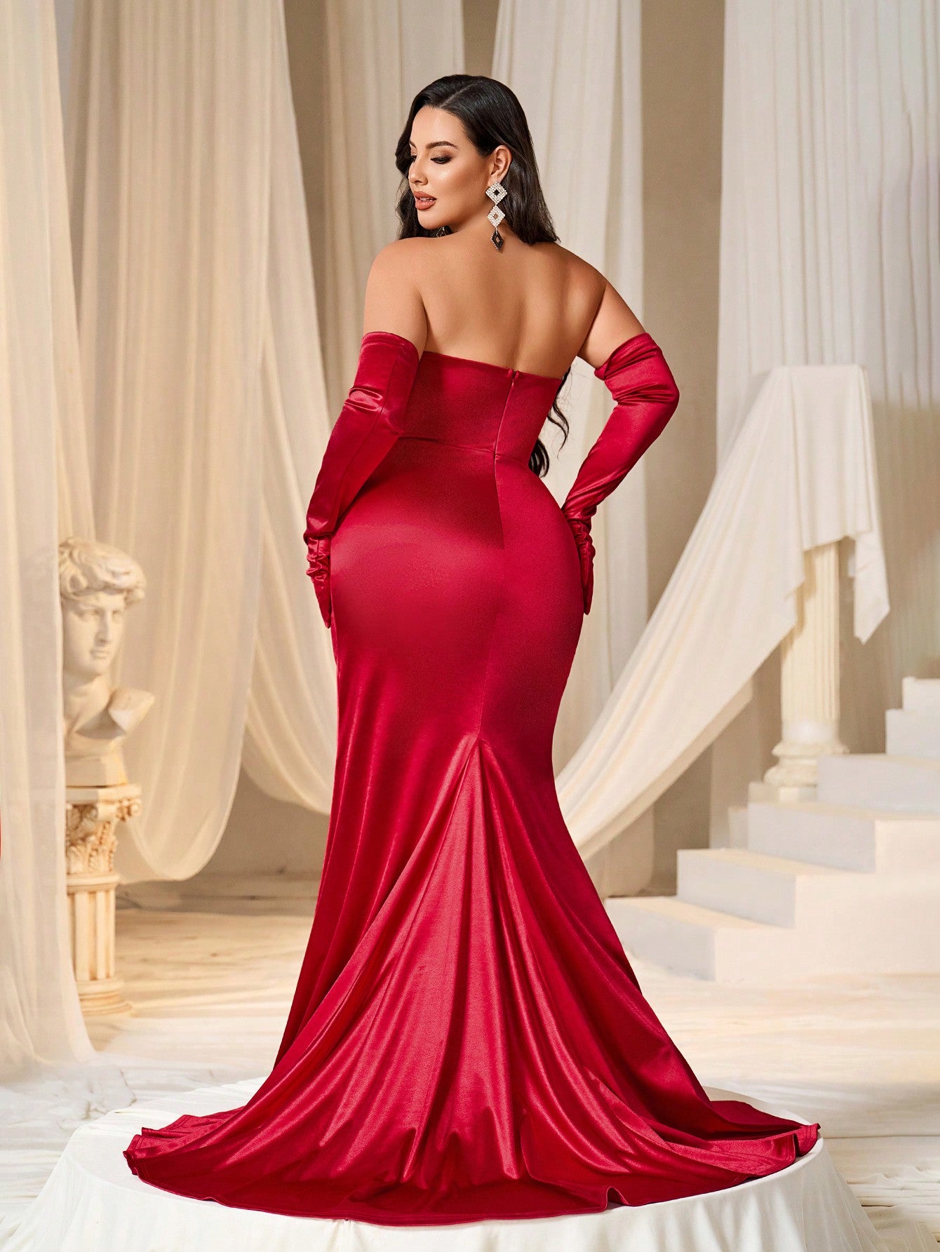 Glamorous Red Plus Size Satin Ruched Strapless  Long Maxi Dress with Gloves-Free Shipping